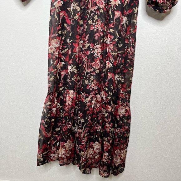 O.P.T. Long Puff Sleeve Floral Cinched Waist V Neck Sheer Maxi Dress Small NWT - Picture 3 of 12